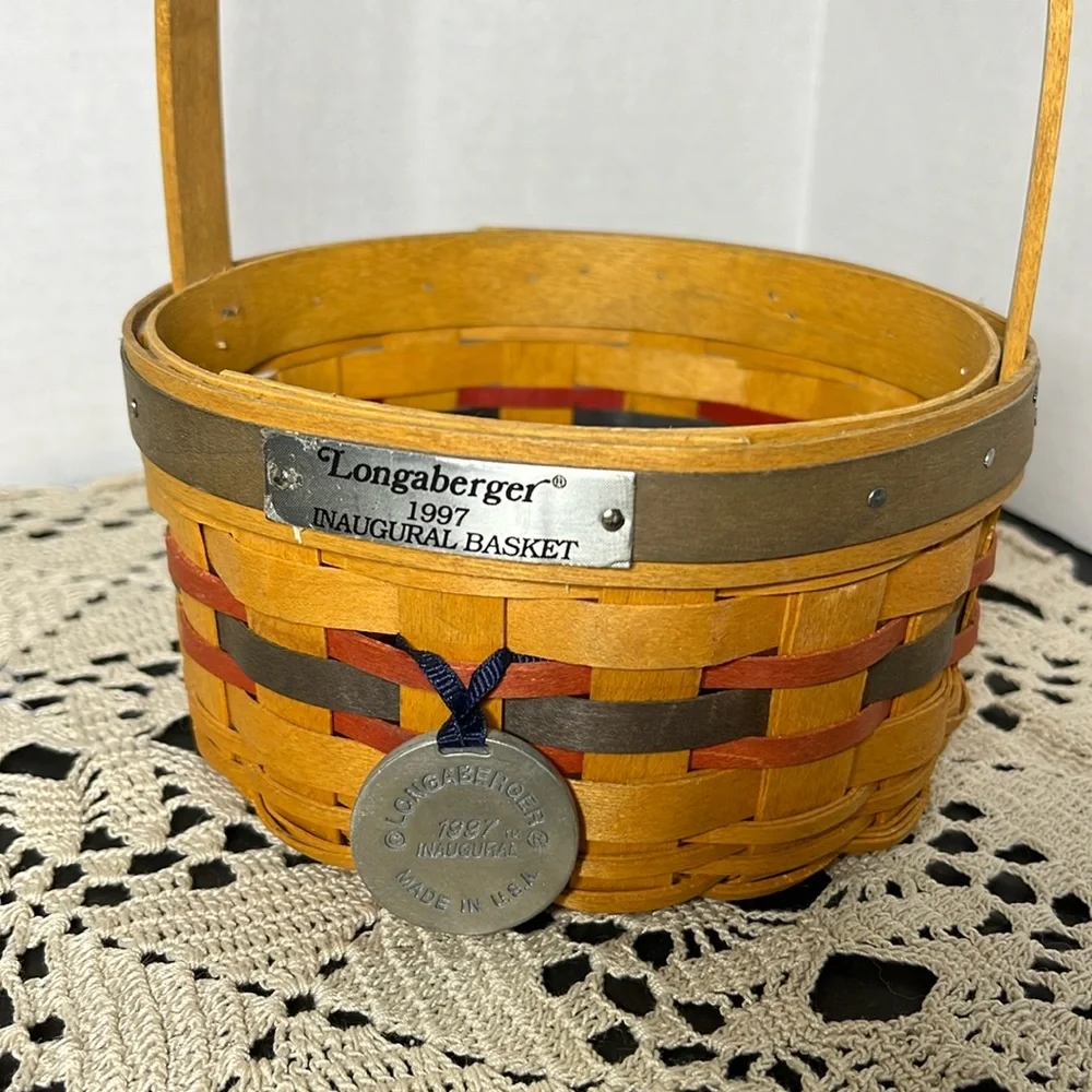 RARE 1997 yr Longaberger Inaugural Basket, Patriotic Liner, Protector & Tie-On